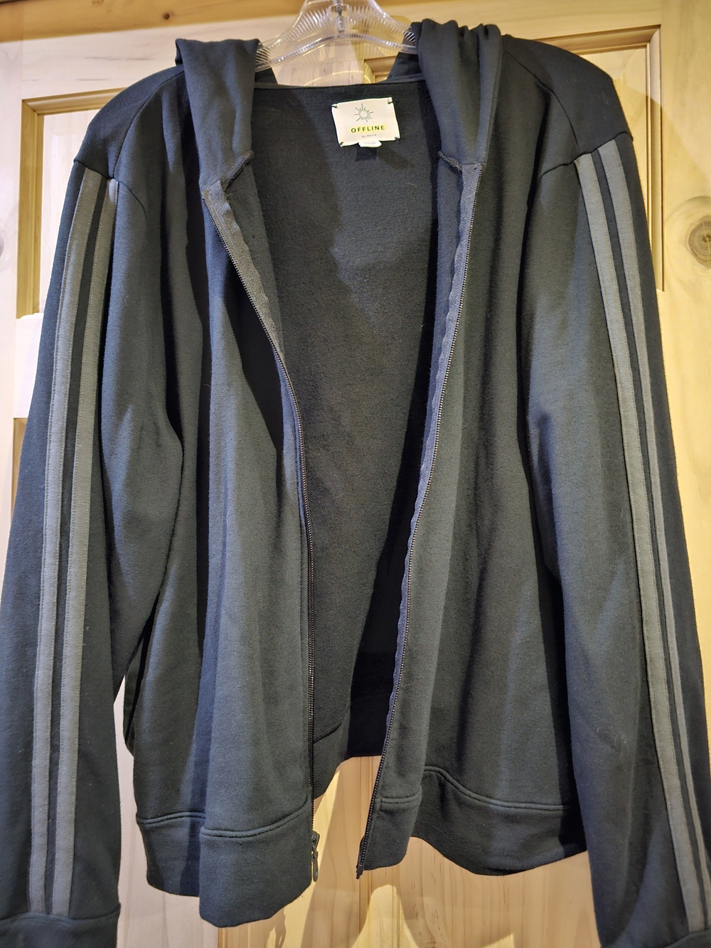 Offline Zipper Hoodie In Black With Gray Stripes Down Sleeves